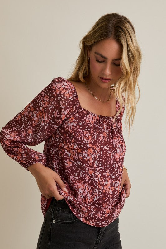 Burgundy Floral Long Sleeve Top