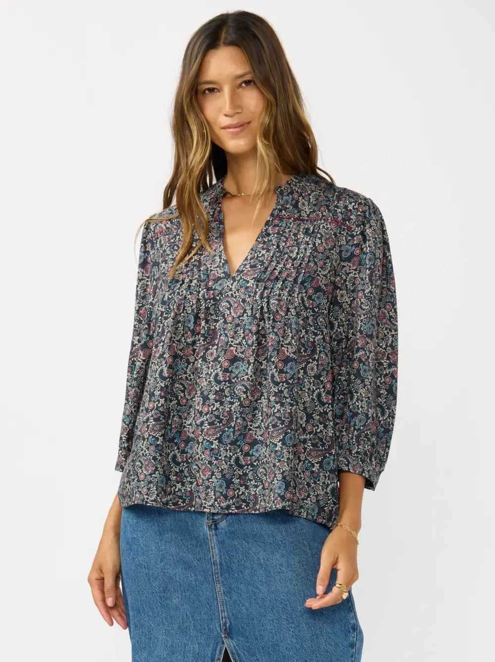Pintuck Split Neck Blouse