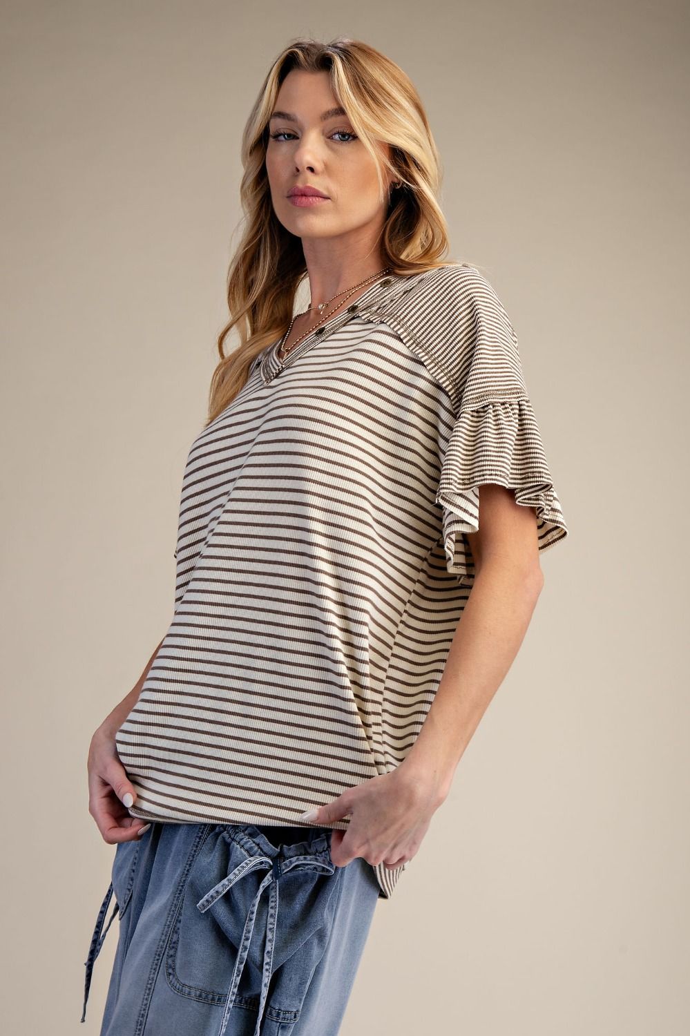 Easel Stripe V Neck Top