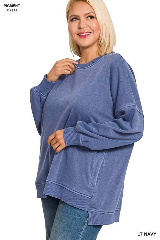 Curvy Hi Lo Fleece Pocket Pigment Dyed Sweatshirt