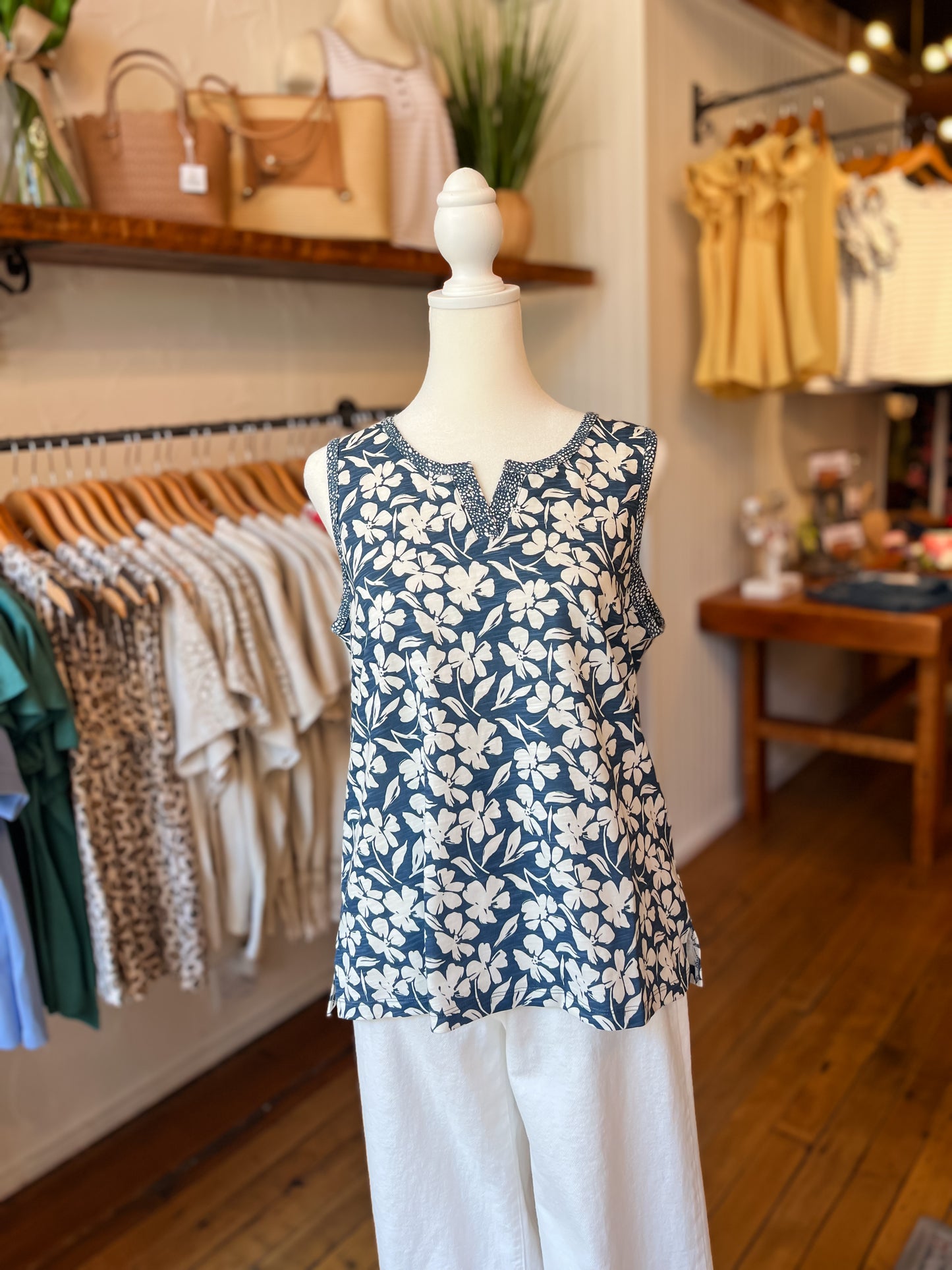 Slub Cotton Navy Floral Tank
