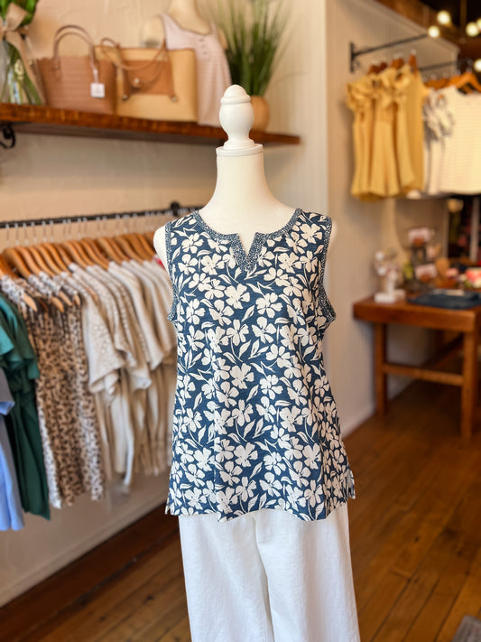 Slub Cotton Navy Floral Tank