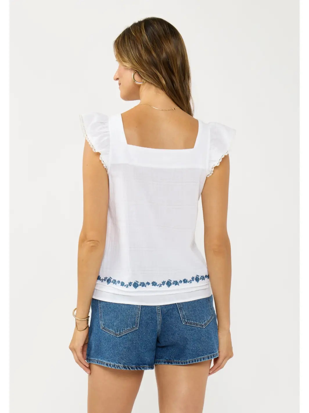 White Embroidered Ruffle Sleeve Top