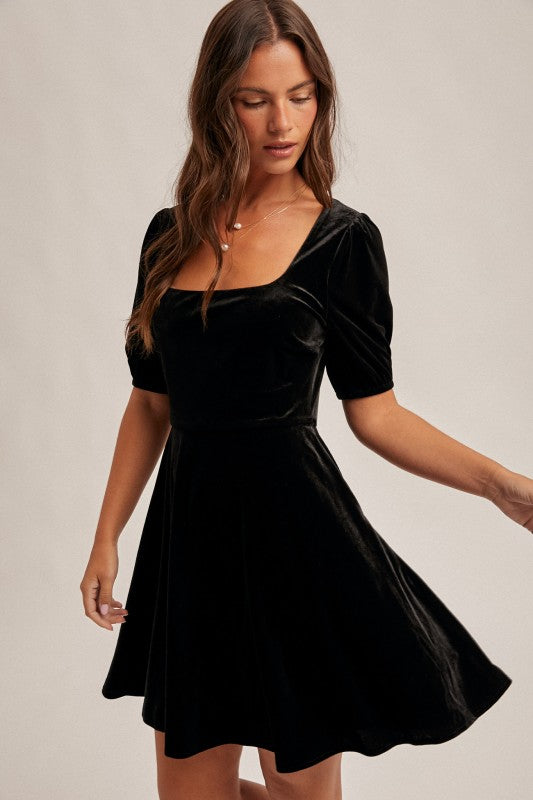 Square Neck Tie Back Velvet Dress