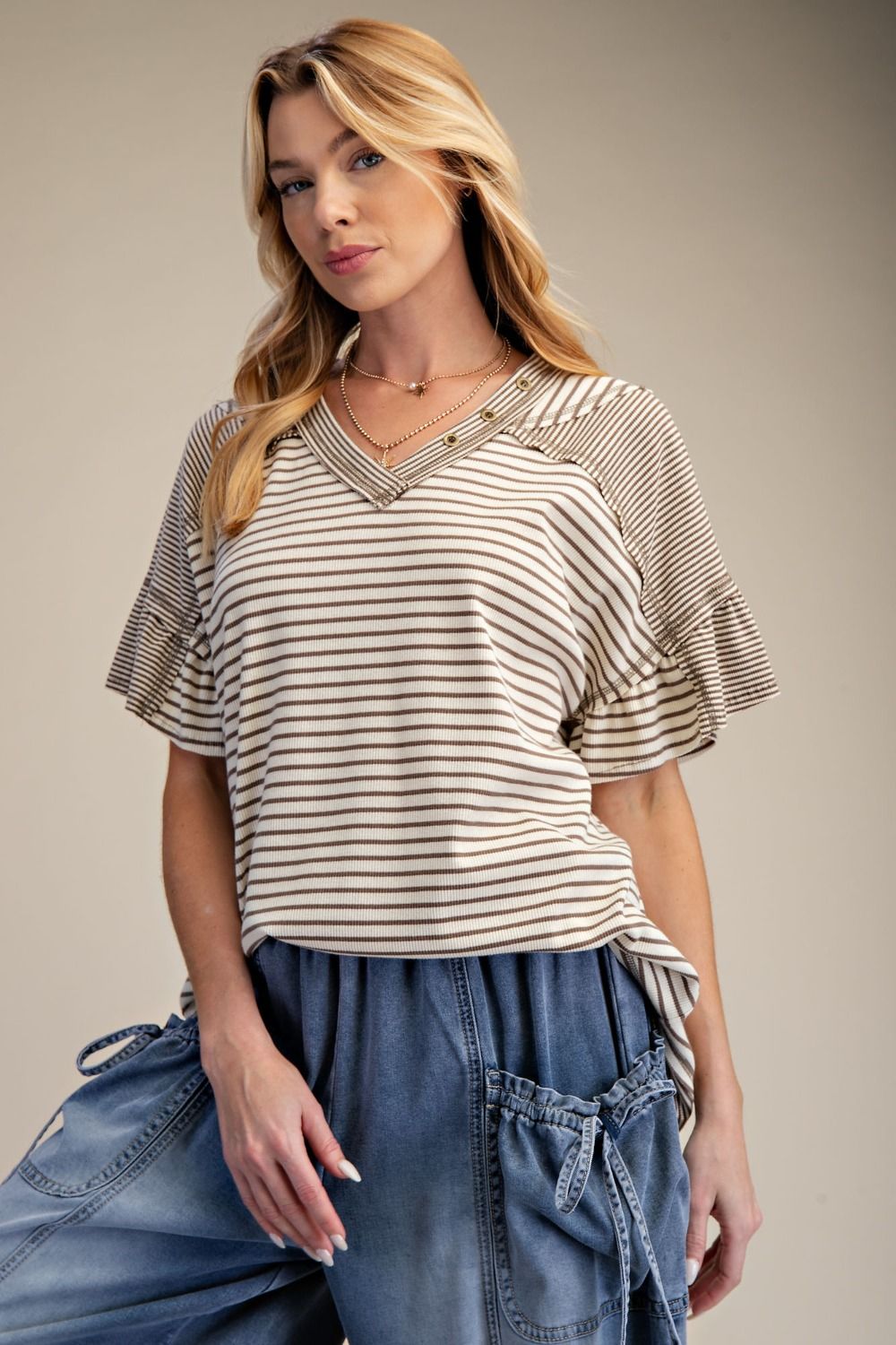 Easel Stripe V Neck Top