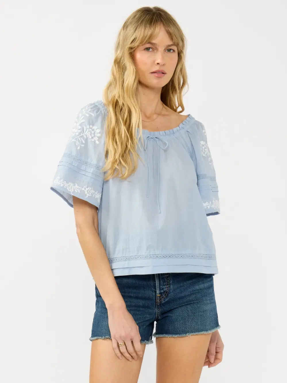 Embroidered Raglan V Neck Top