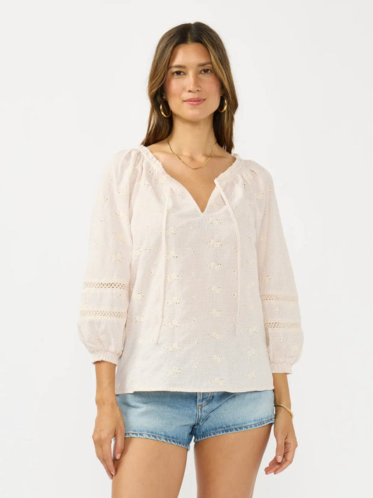 3/4 Sleeve Split Neck Top with Lace Trim