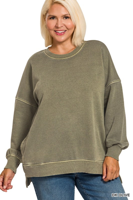 Curvy Hi Lo Fleece Pocket Pigment Dyed Sweatshirt