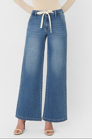 High Rise Tie Wide Leg Jeans