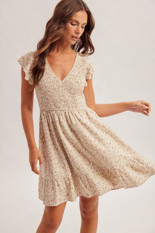 Babydoll Smocked Floral Taupe Dress