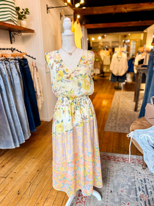 Lemon/Ivory Floral Midi Dress