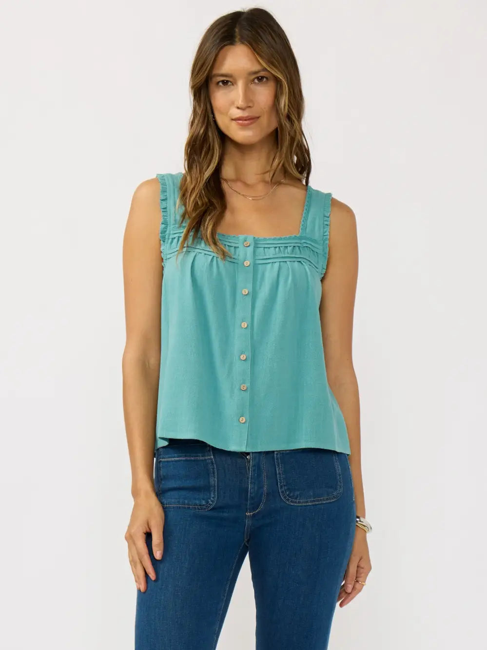 Teal Lace Trim Square Neck Top