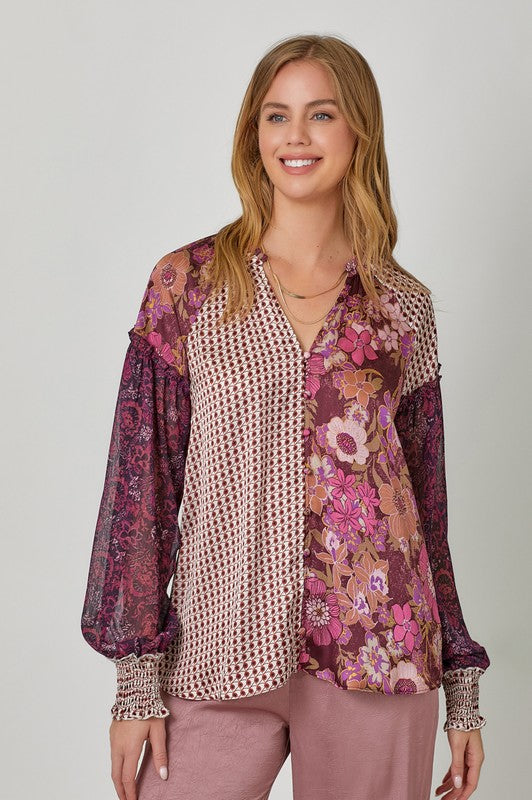 Burgundy Mix Print Top