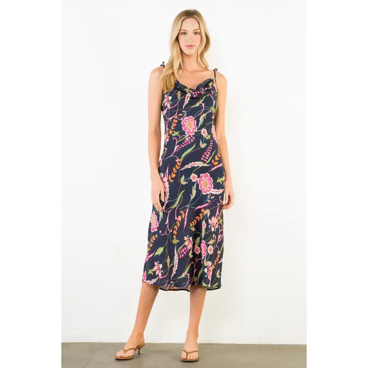 Navy Floral Tie Shoulder Dress