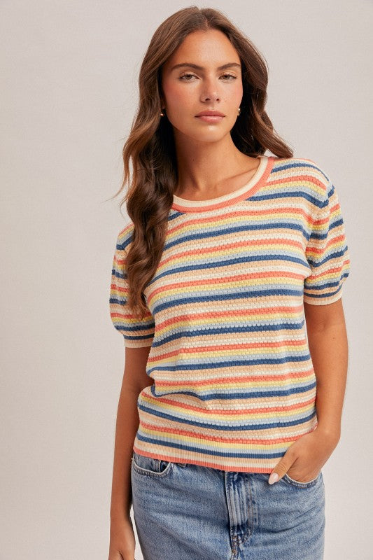 Multi Color Stripe Cotton Sweater Lemon/Navy