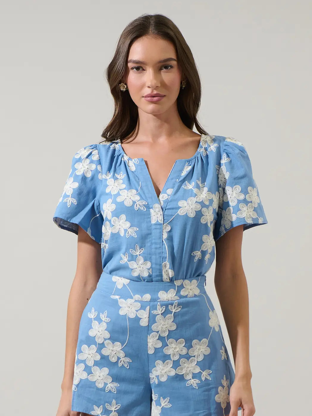 Blue/White Embroidered Split Neck Top