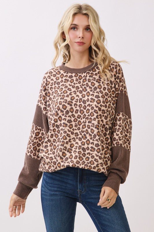 Leopard Print Drop Shoulder Brown Contrast Top