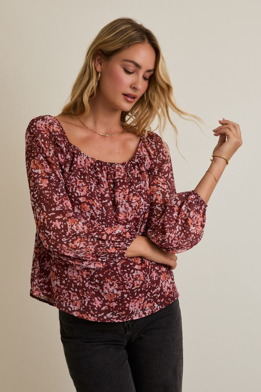 Burgundy Floral Long Sleeve Top