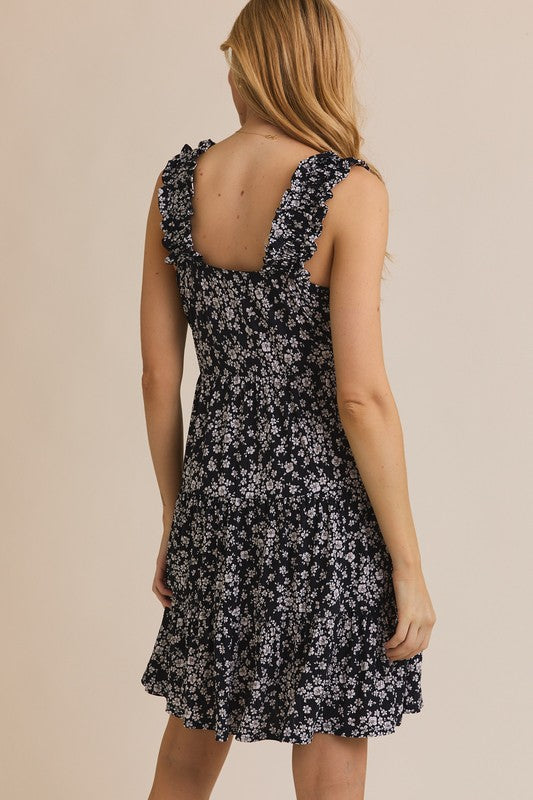 Square Neck Floral Short Dress