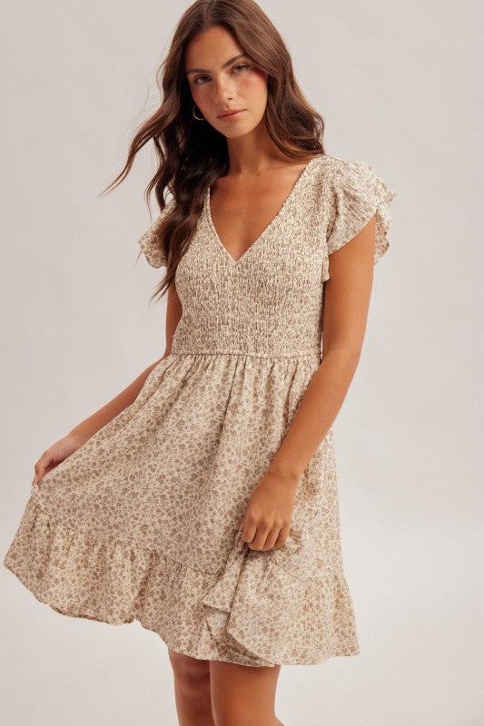 Babydoll Smocked Floral Taupe Dress