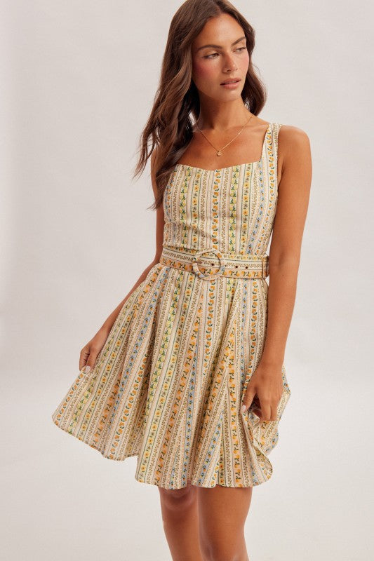 Citrus Print Belted Fit and Flare Dress