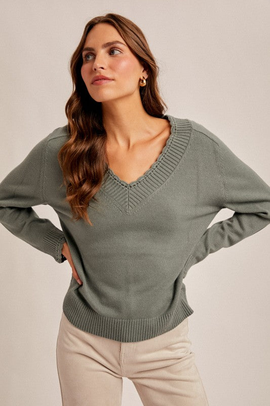 Scalloped Edge V Neck Soft Sweater