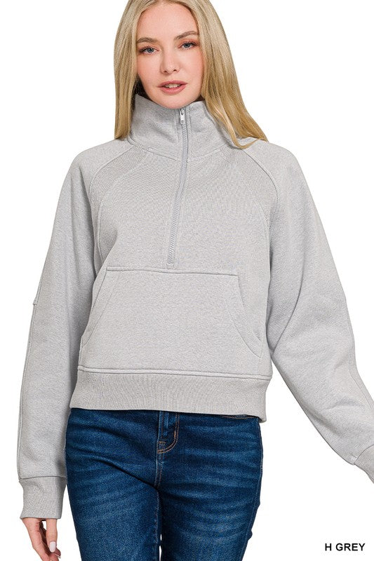 Half Zip Kangaroo Pocket Cropped Sweatshirt
