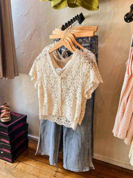 Crochet Short Sleeve Button Down