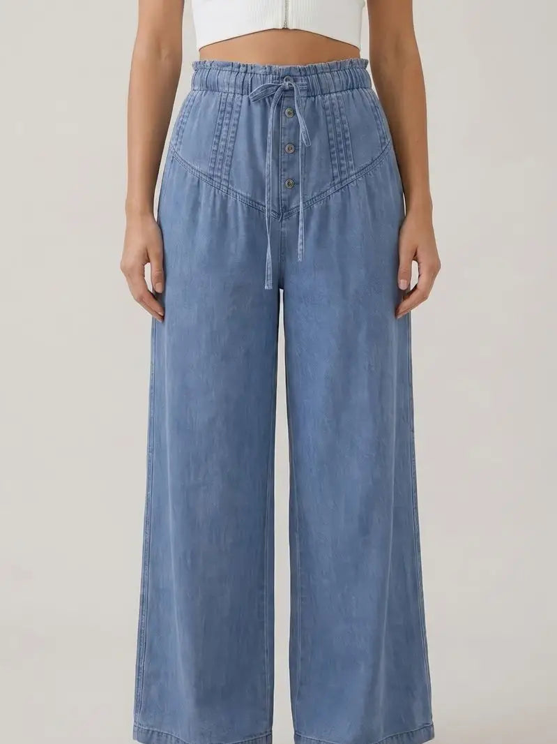 Denim Pleated Button Detail Soft Pants