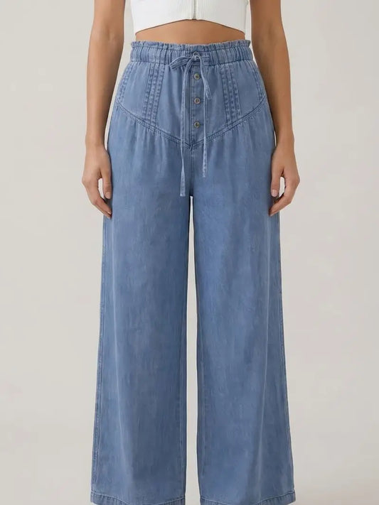 Denim Pleated Button Detail Soft Pants