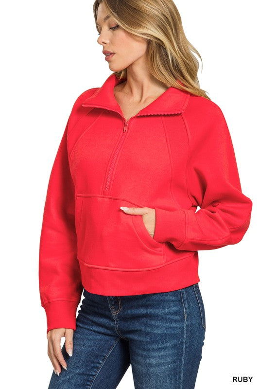 Half Zip Kangaroo Pocket Cropped Sweatshirt