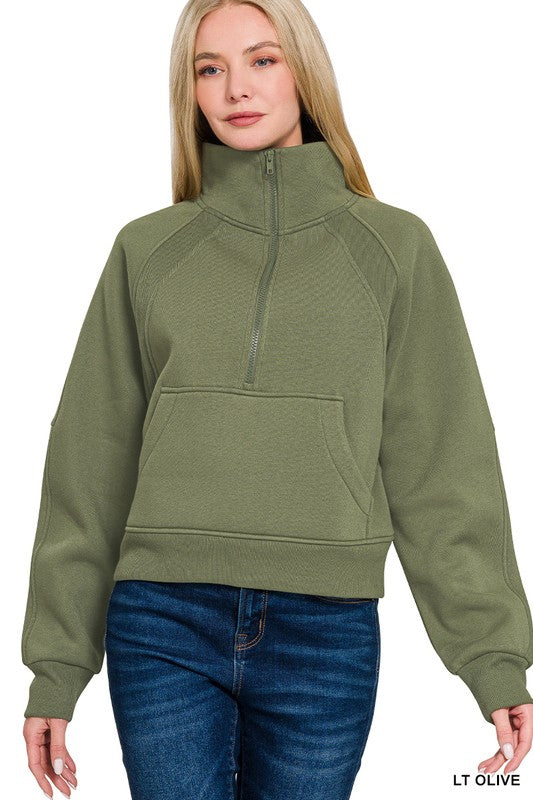 Half Zip Kangaroo Pocket Cropped Sweatshirt