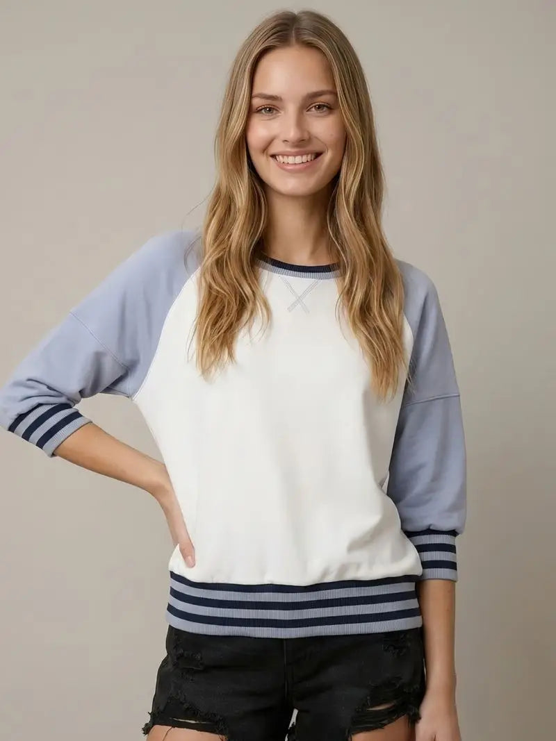 Color Block Off White and Blue Top