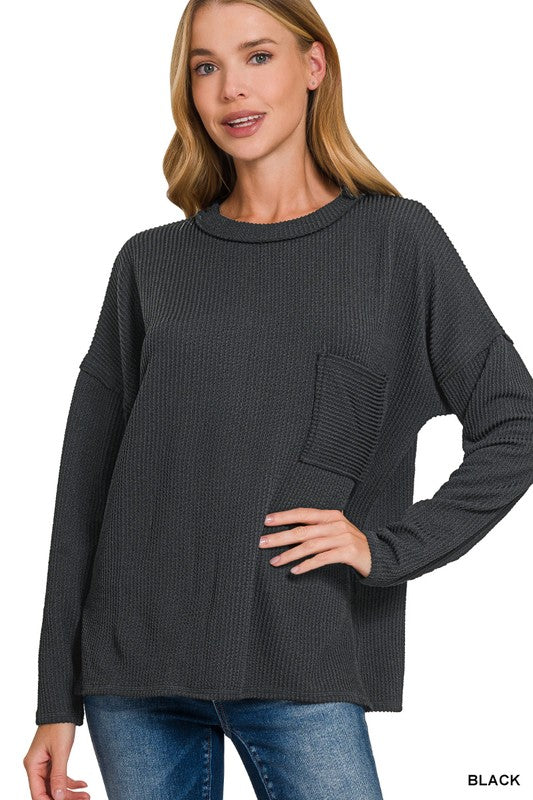 Raised Ribbed Long Sleeve Drop Shoulder Top