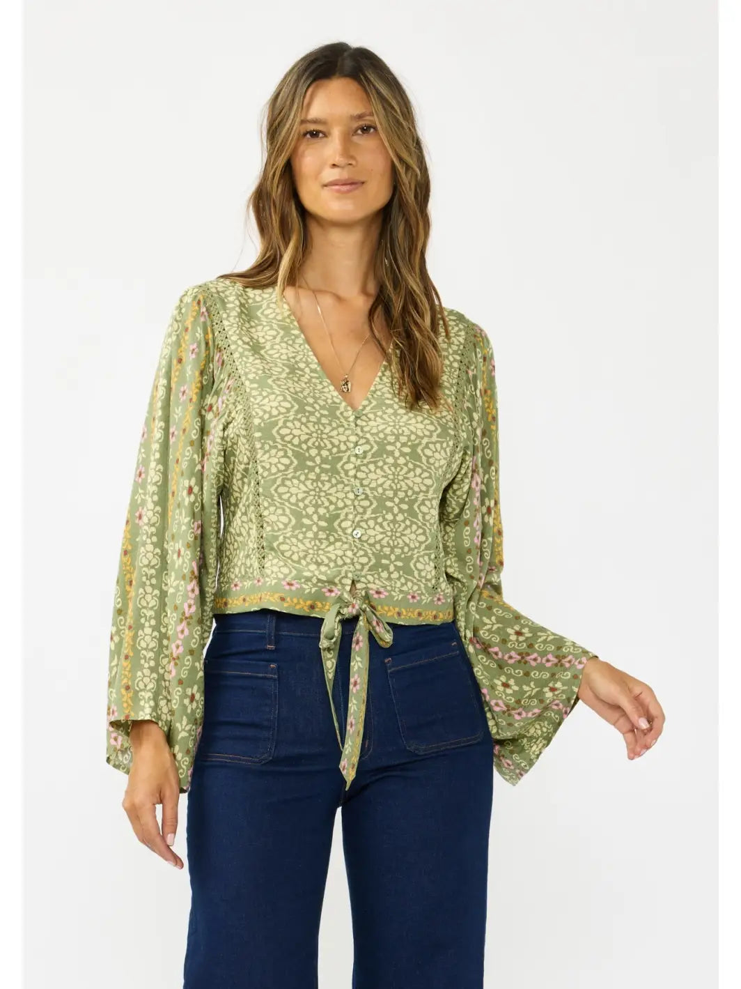 Olive Green Boho Print Top
