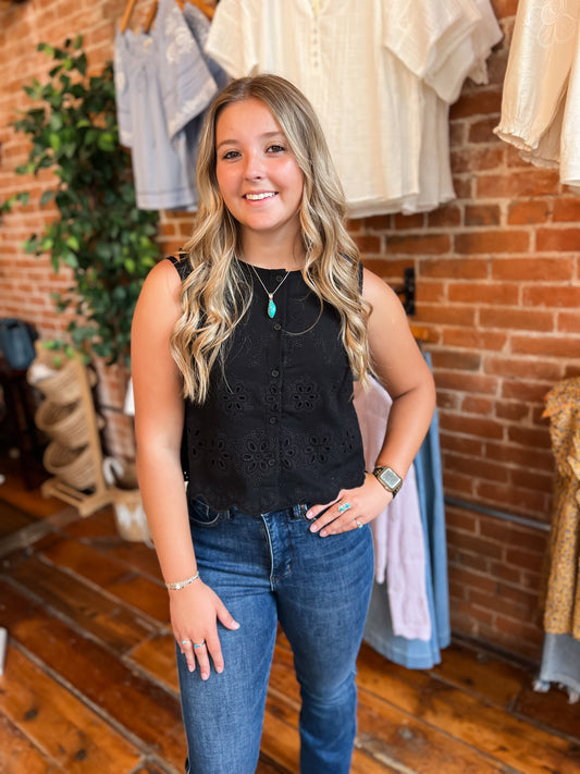 Black Embroidered Scalloped Cotton Tank