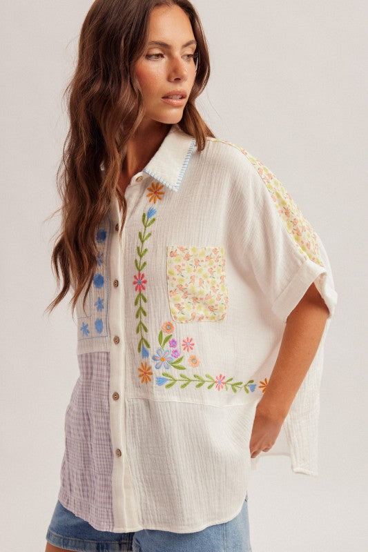 Embroidered Mix Textured Button Down Shirt