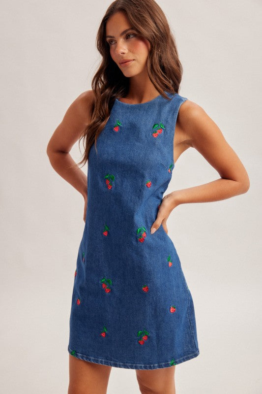 Cutout Back Strawberry Soft Denim Dress