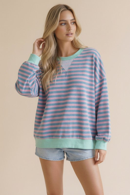 Crew Neck French Terry Cotton Candy Stripe Top
