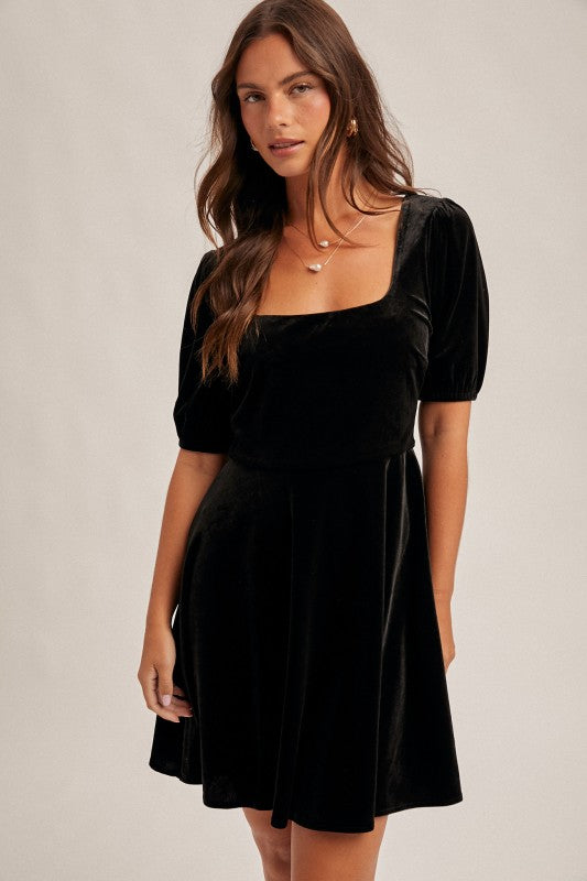 Square Neck Tie Back Velvet Dress