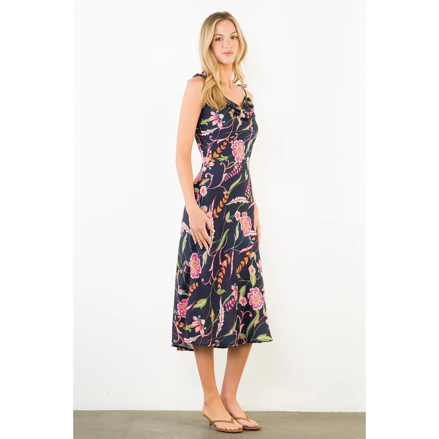 Navy Floral Tie Shoulder Dress