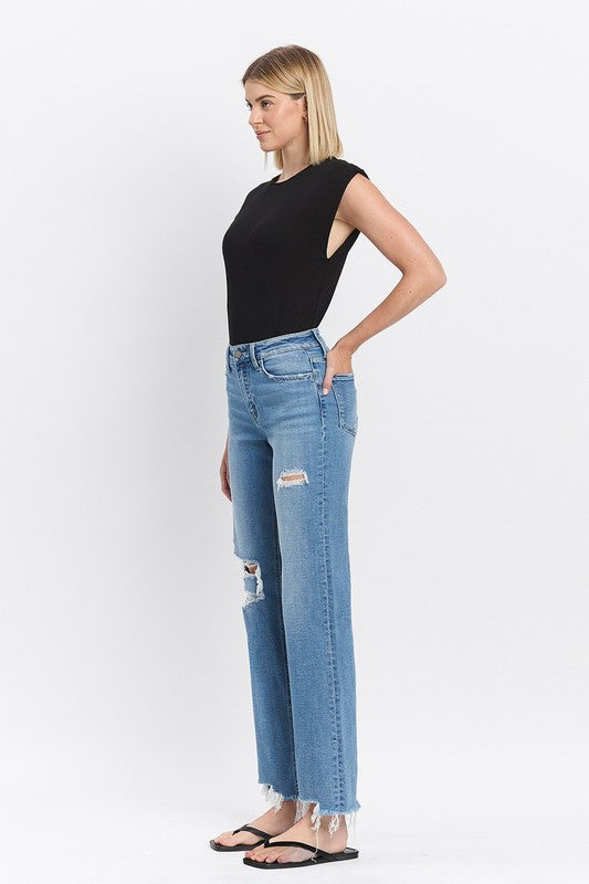 High Rise Medium Wash Distressed Slim Wide Leg Jeans