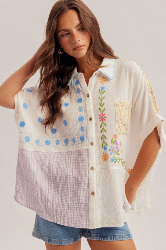 Embroidered Mix Textured Button Down Shirt