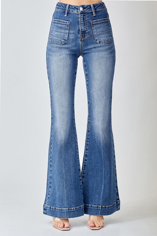 High Rise Flare Patch Pocket Jeans