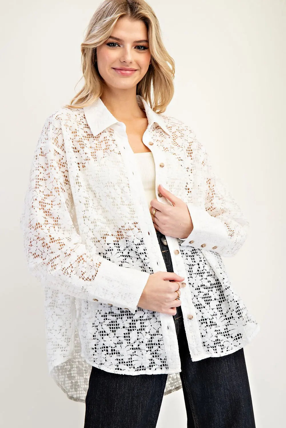 Off White Lace Button Up Top