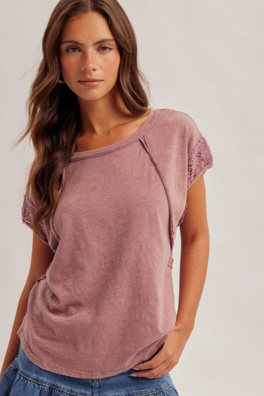 Crochet Sleeve Detail Mulberry Washed Top