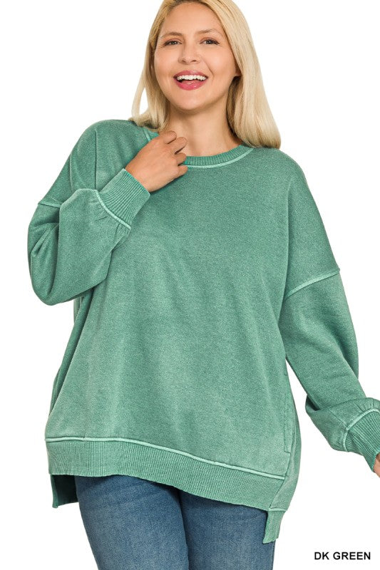 Curvy Hi Lo Fleece Pocket Pigment Dyed Sweatshirt