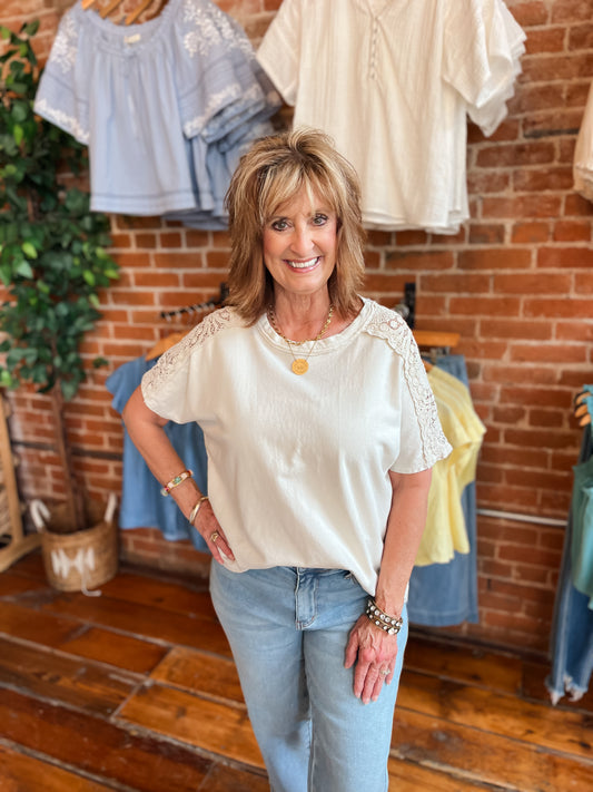 Mineral Wash Natural Lace Shoulder Tee