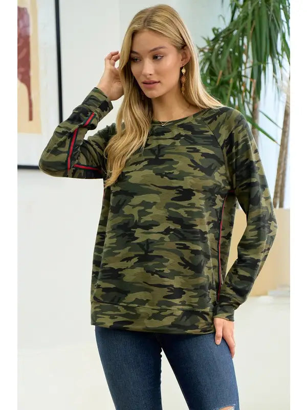 Camo Long Sleeve with Red Trim Detail