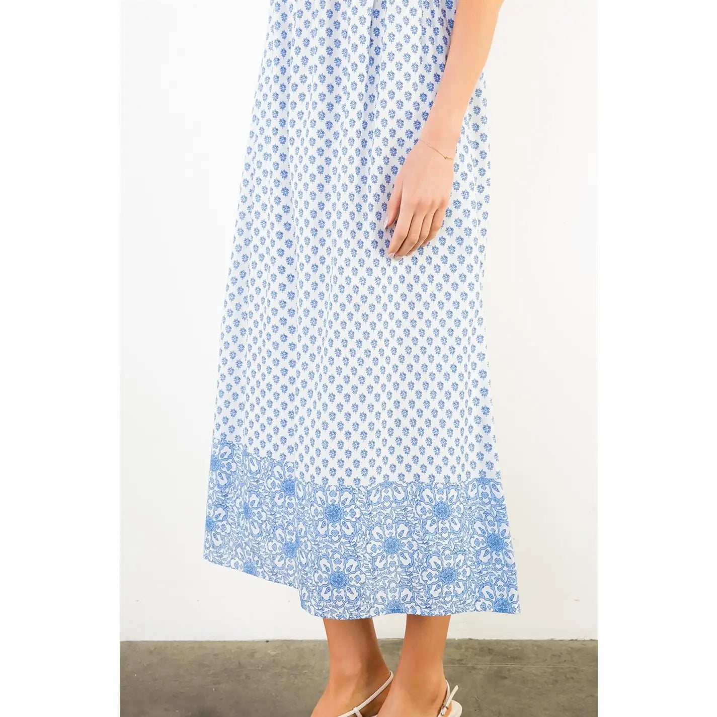 Smocked Blue Floral Pattern Cotton Dress